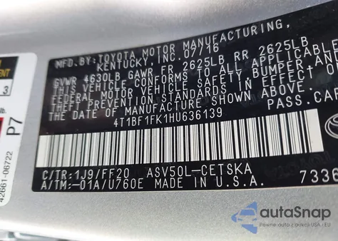 2017 Toyota Camry Se из США, поврежденный, VIN 4T1BF1FK1HU636139